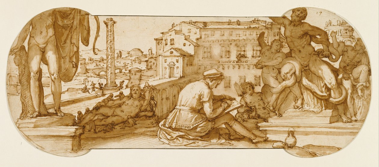 Taddeo in the Belvedere Court in the Vatican, Drawing the Laocoön av Federico Zuccaro