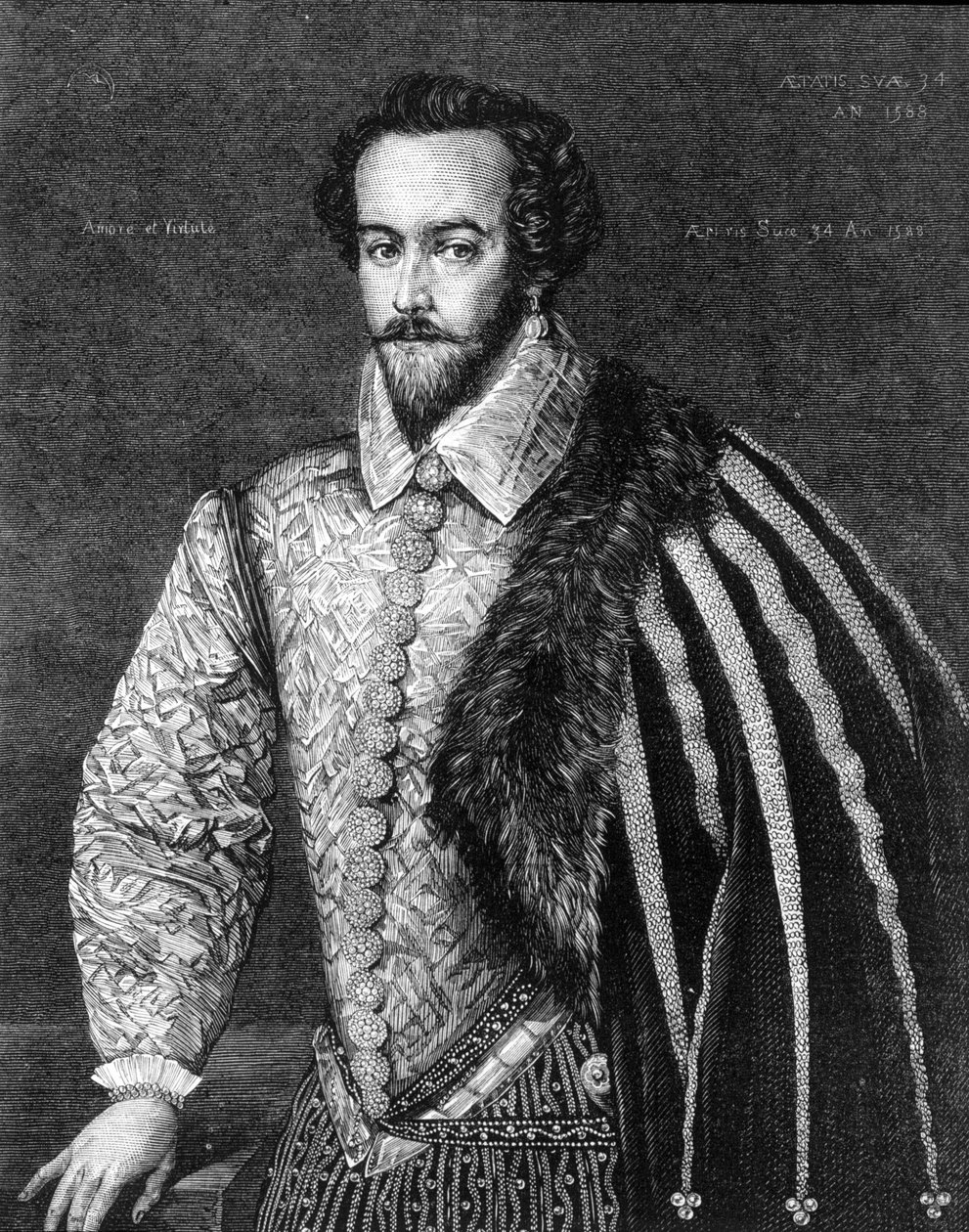 Porträtt av Sir Walter Raleigh (1554 - 1618), engelsk navigatör, hovman och författare. Gravyr efter en målning tillskriven Federico Zuccaro (eller Zuccari) (1549 - 1609) från 1588. av Federico (after) Zuccari or Zuccaro
