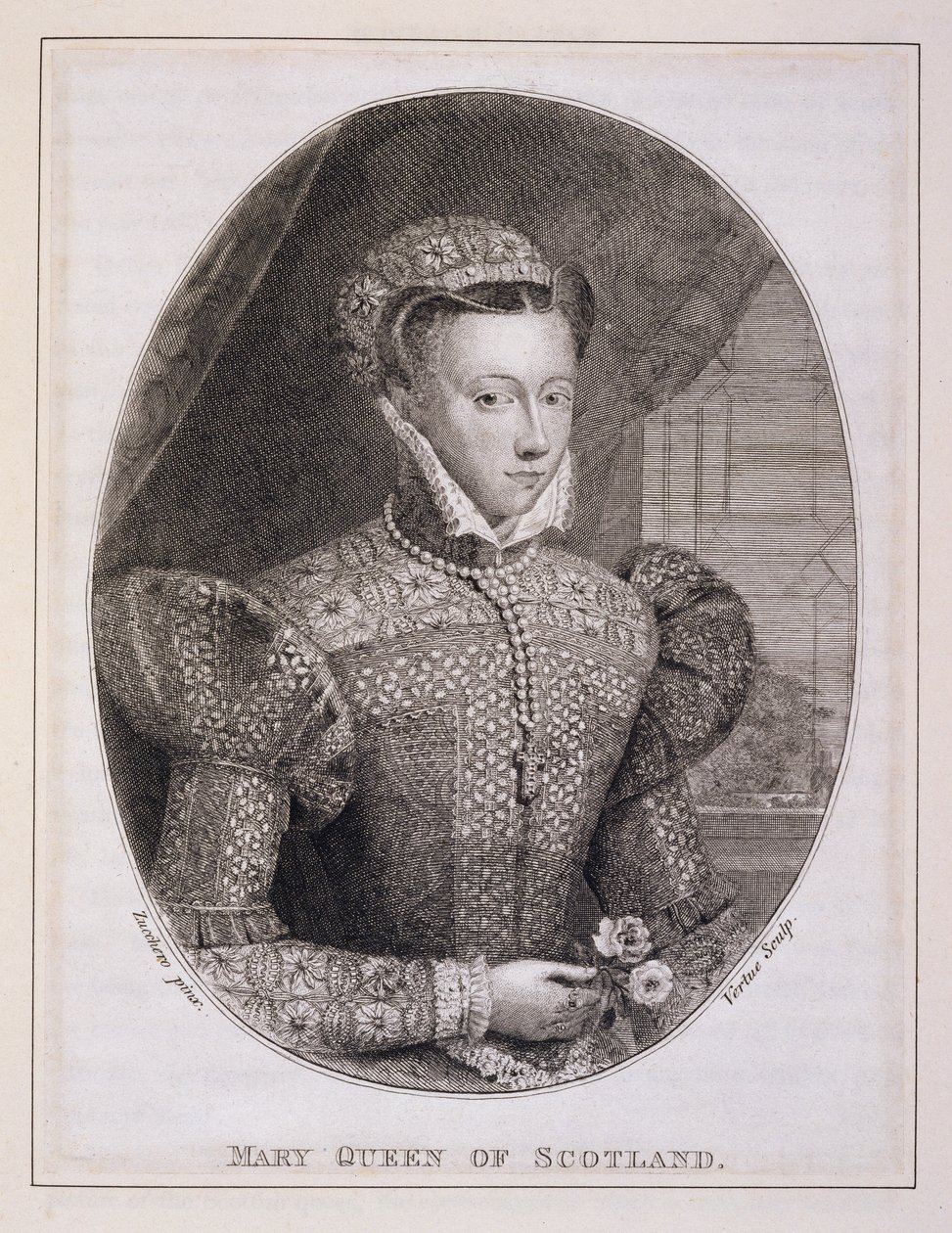 Mary Queen of Scots (1542-87), graverad av George Vertue (1684-1756) (gravyr) av Federico (after) Zuccaro