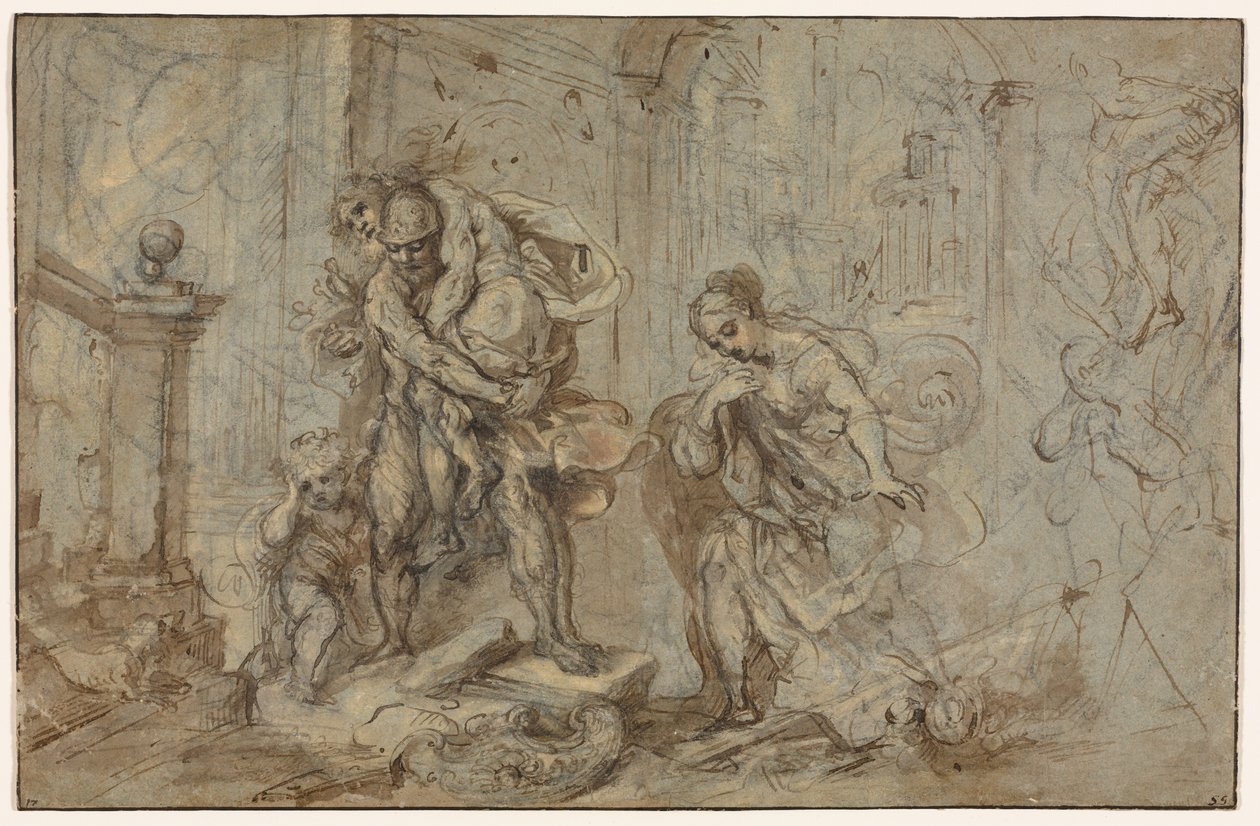 Aeneas räddar Anchises vid Trojas fall, 1587-1588. av Federico Barocci