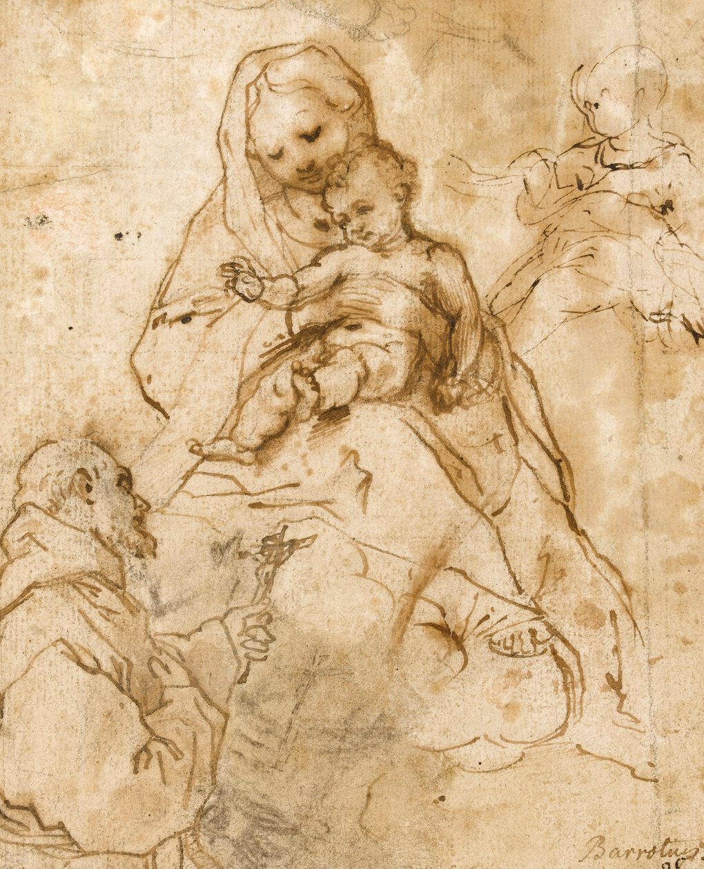 Jungfru och barn med St. Franciskus (röd krita med penna och bläck på papper) av Federico Barocci