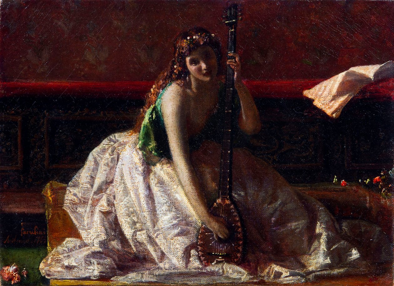 Scapigliatura: Lutespelaren av Faruffini, Federico (1831-1869). Olja på duk, storlek: 26x35 av Federico Faruffini