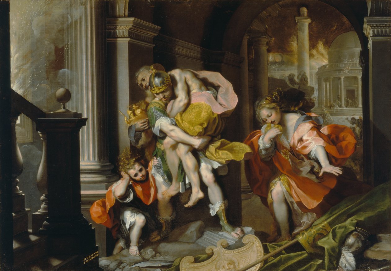 Aeneas och Anchises flyr från Troja, ca 1587 (penna & bläck och olja med vit förhöjning) av Federico Fiori Barocci or Baroccio