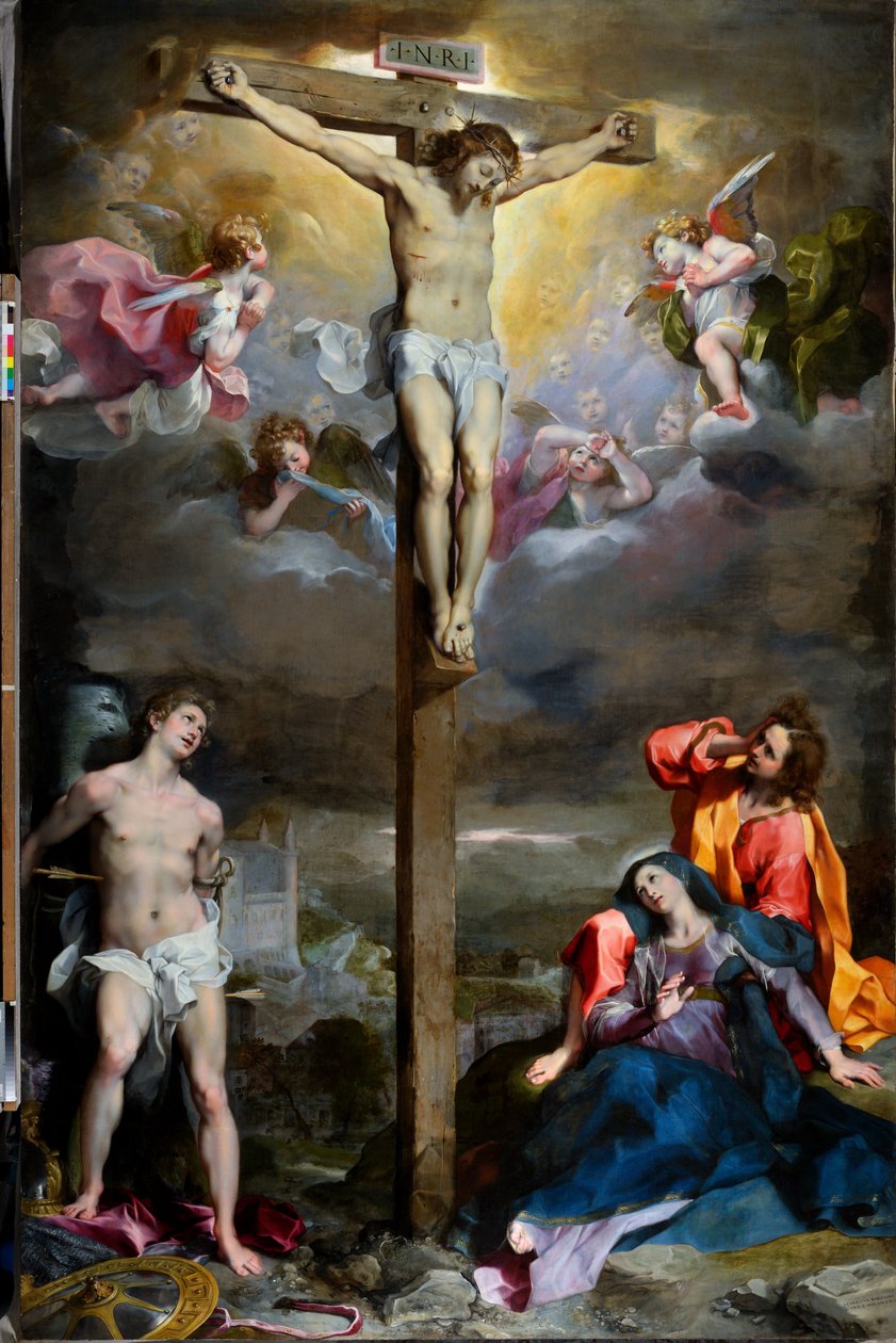 Korsfästelsen av Kristus med Vår Fru, Sankt Johannes Evangelisten och Sankt Sebastian av Federico Fiori Barocci or Baroccio