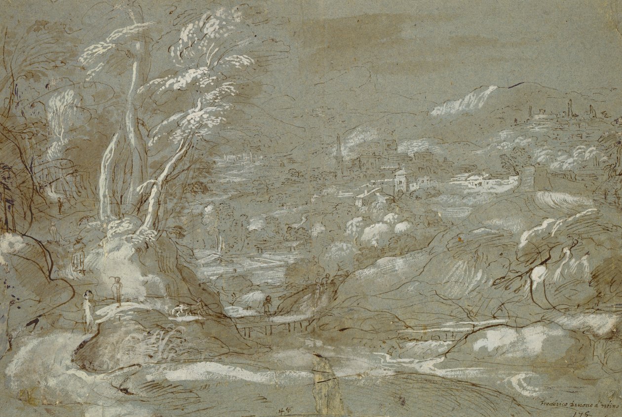 Landskap (penna och bläck på papper med vit markering) av Federico Fiori Barocci or Baroccio
