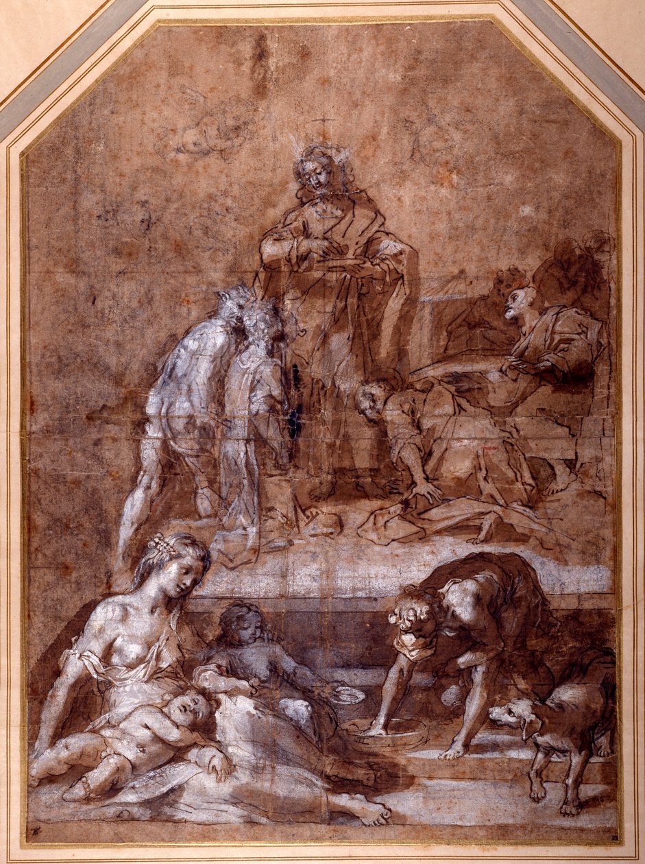 Religiös allegori, insamlingen av Manna och Eukaristininstitutionen (penna & bläck och krita med tvätt, förhöjd med vitt på papper) av Federico Fiori Barocci or Baroccio