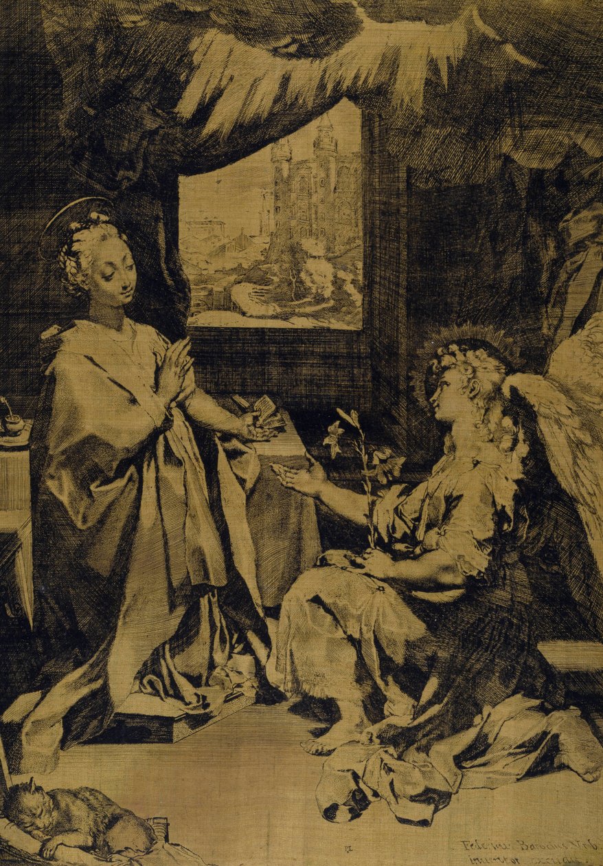 Bebådelsen (etsning, gravyr & torrnål på gul sidentaft) av Federico Fiori Barocci or Baroccio