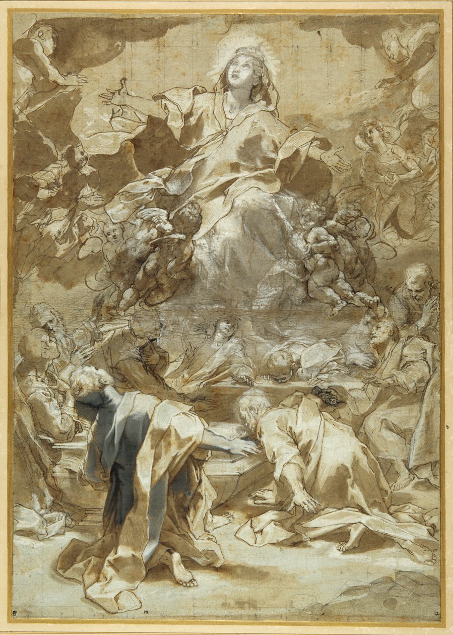 The Assumption of the Virgin (penna & brunt bläck med bruna och gråa tvättar) av Federico Fiori Barocci or Baroccio