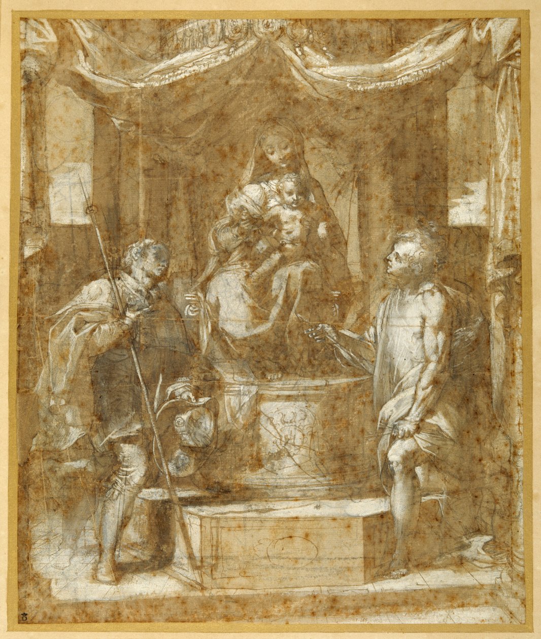 Jungfrun och barnet tronar under en baldakin, med Sts Roch och Sebastian (penna & brunt bläck med brun tvätt och höjning) av Federico Fiori Barocci or Baroccio
