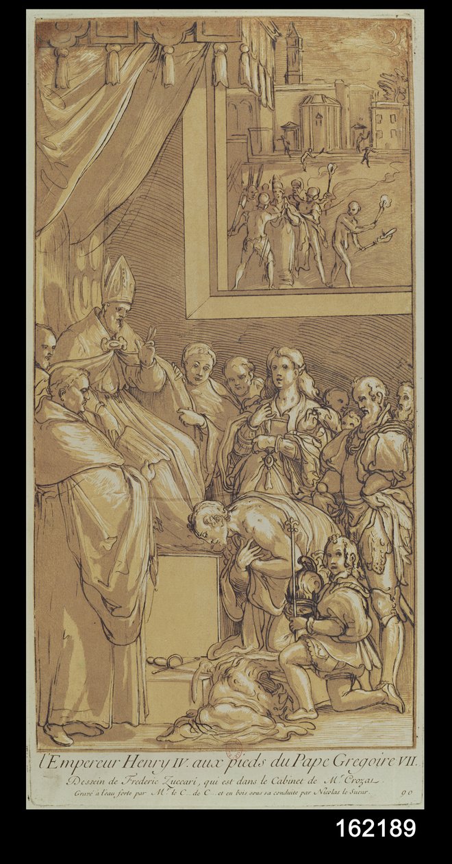Kejsar Henri IV (1050-1106) vid påven Gregorius VII:s (1020-85) fötter, graverad av Nicolas Le Sueur (1691-1764). av Federico Zuccari or Zuccaro