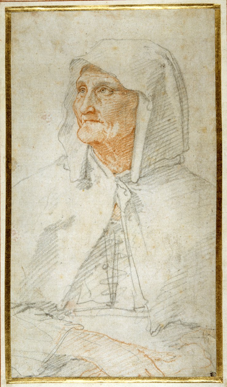 En gammal dam sittande, halvlång (färgade kritor på papper) av Federico Zuccaro