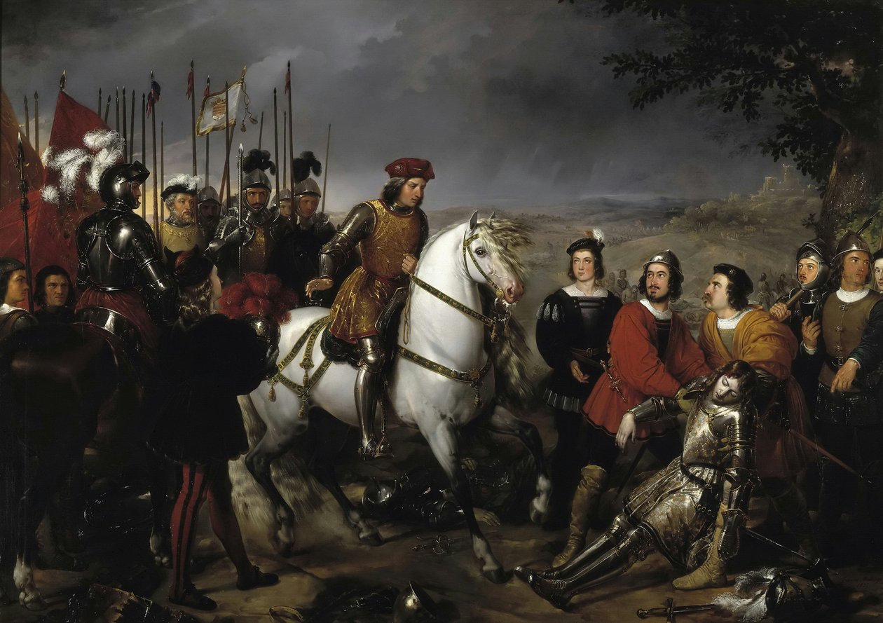 Spanska: El Gran Capitán recorriendo el campo de la batalla de Ceriñola Gonzalo Fernández de Córdoba vid slaget vid Cerignola
 eller spanska: El Gran Capitán después de la batalla de Ceriñola encuentra el cadáver de Luis de Armagnac Gonzalo Fernández de Có av Federico de Madrazo y Kuntz
