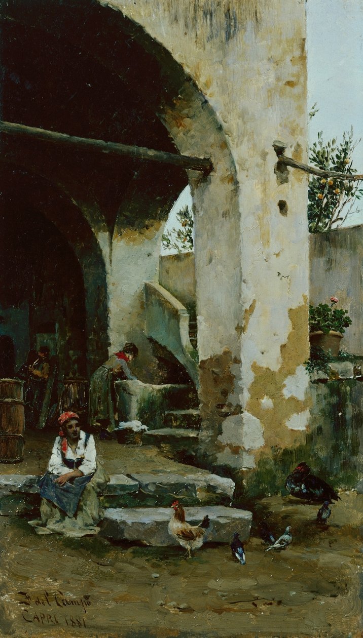 Gårdsscen (olja på panel) av Federico del Campo