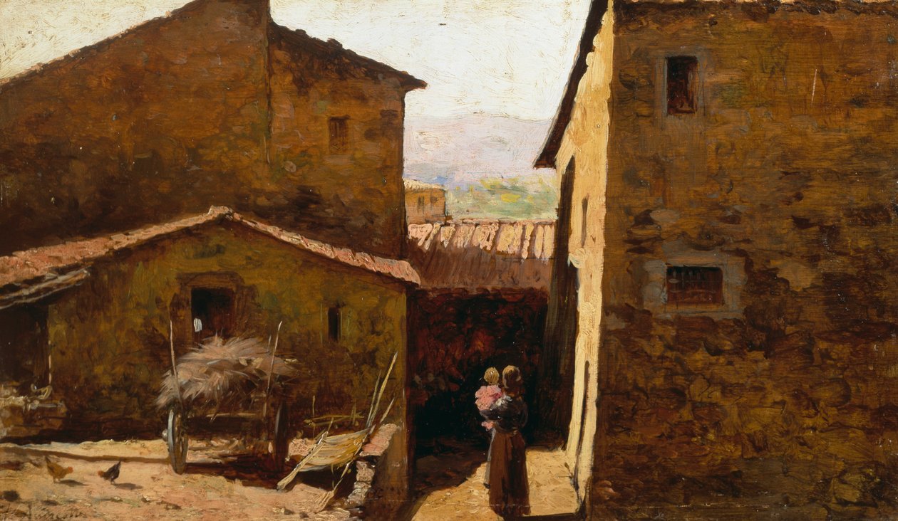 Rustika toskanska bondgårdar, av Federico Andreotti (1847-1930), olja på panel av Federigo Andreotti