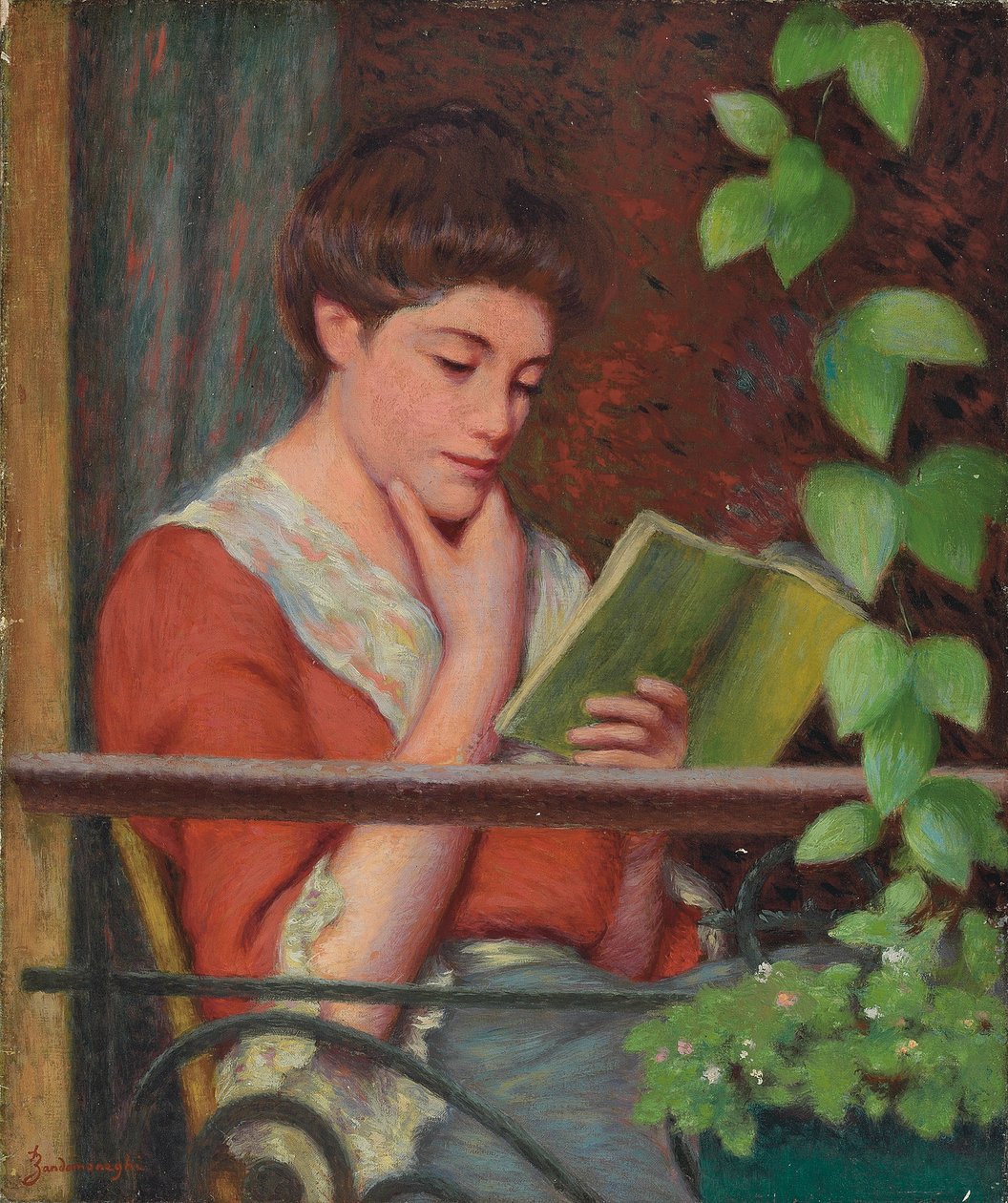 Reading al Fresco - Kvinna på balkongen; Läser al fresco - Kvinna på balkongen, av Federigo Zandomeneghi