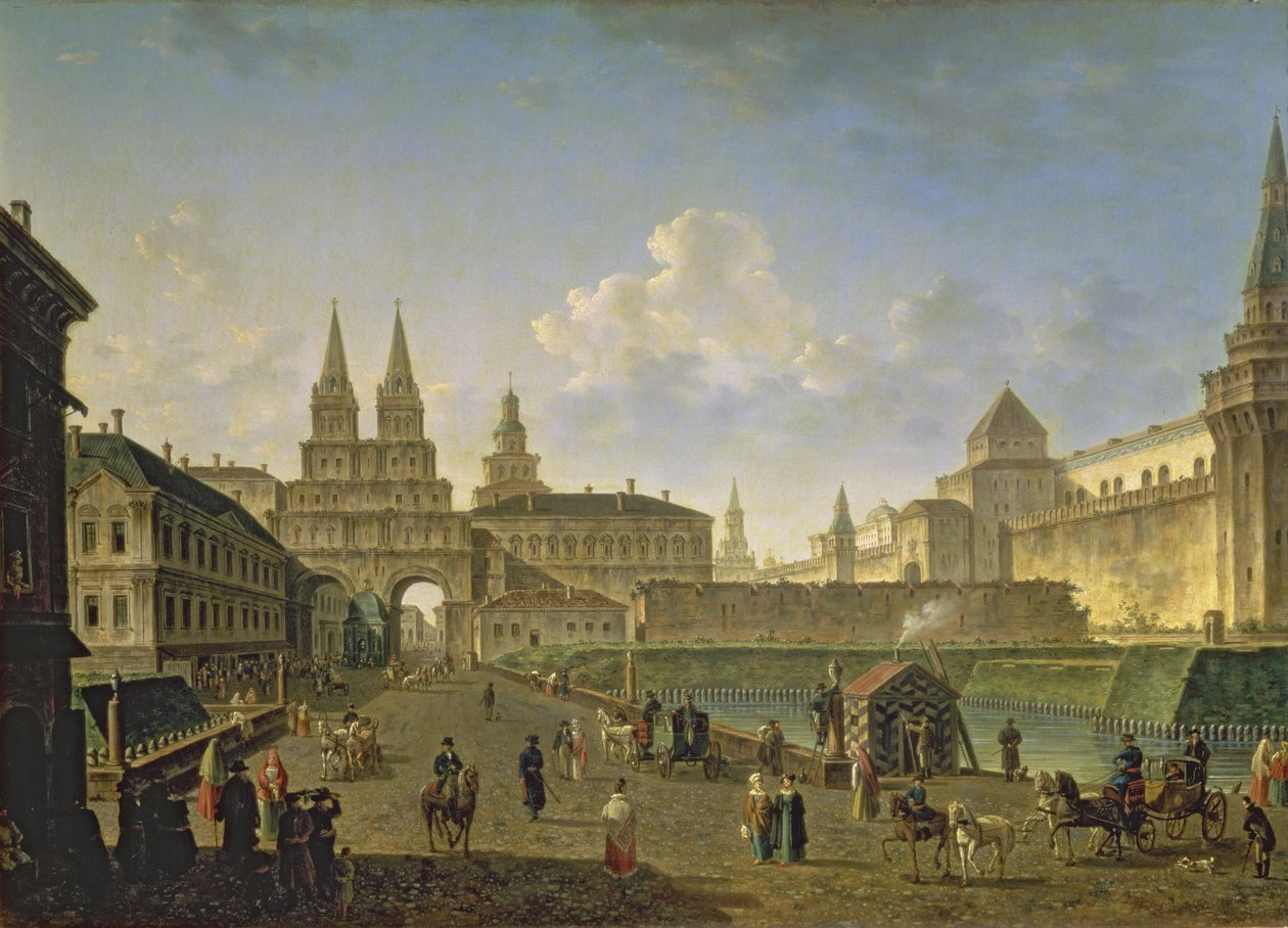 Utsikt över Voskresensky- och Nikolsky-portarna och Neglinny-bron från Tverskay Street i Moskva, 1811 av Fedor Yakovlevich Alekseev