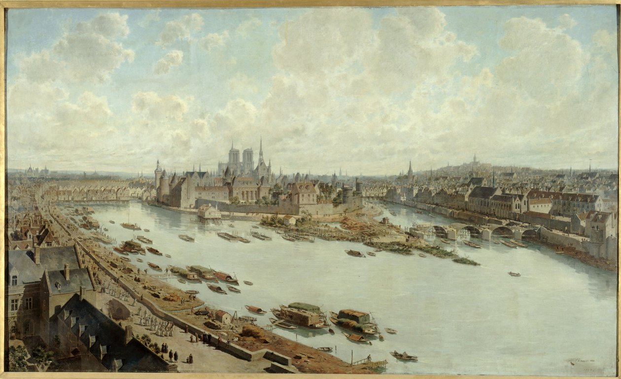 Panoramautsikt över Paris 1588, från Louvrens tak, med Pont-Neuf under uppförande av Fedor (1839 1922) Hoffbauer