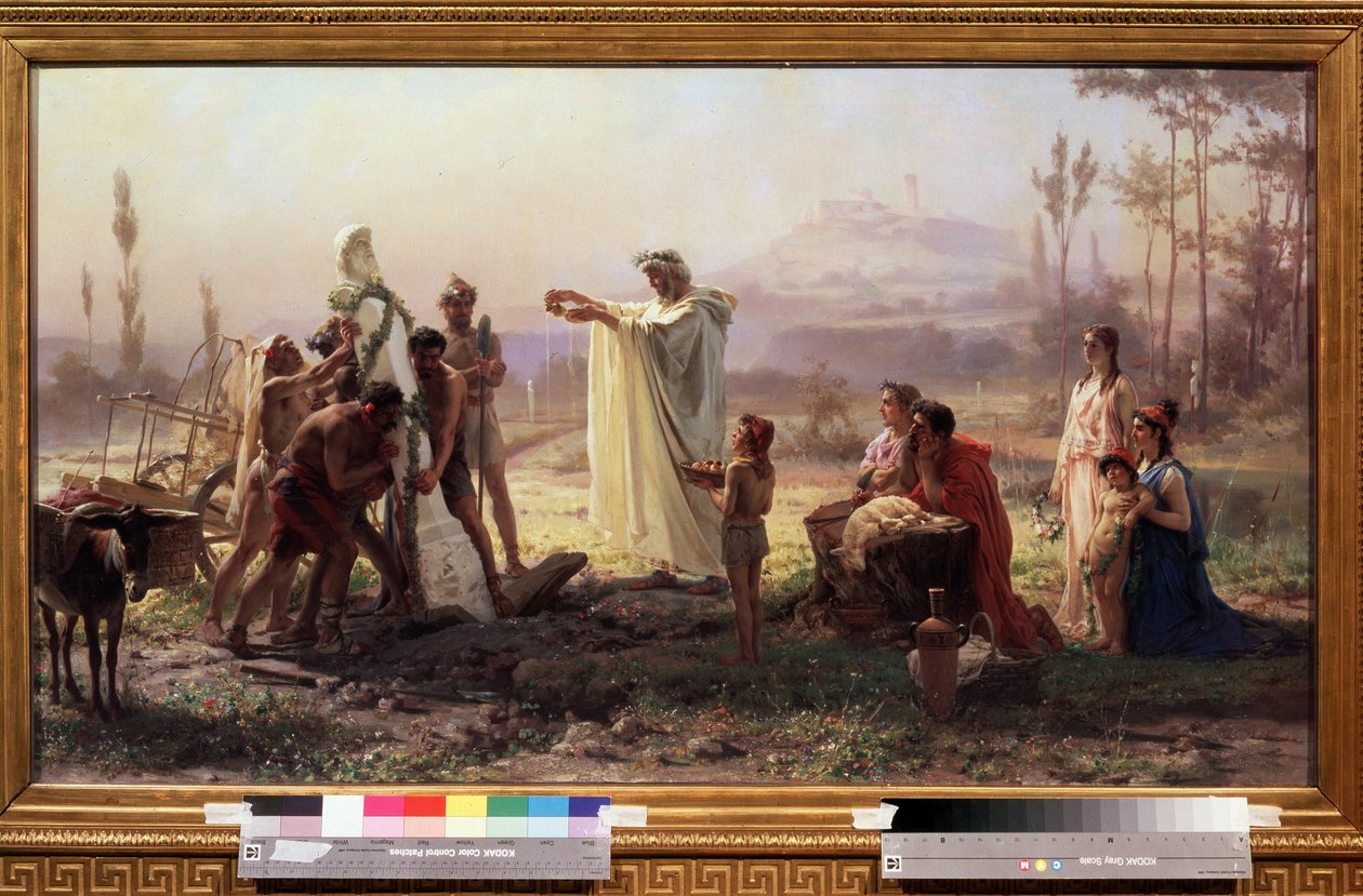 Antikens Grekland: ""Ceremoni till hyllning till guden Hermes"" Målning av Feodor Andreyevich Bronnikov (1827-1902) 1874 Mått 70x123 cm Statens Tretjakovgalleri Moskva av Fedor Andreevich Bronnikov