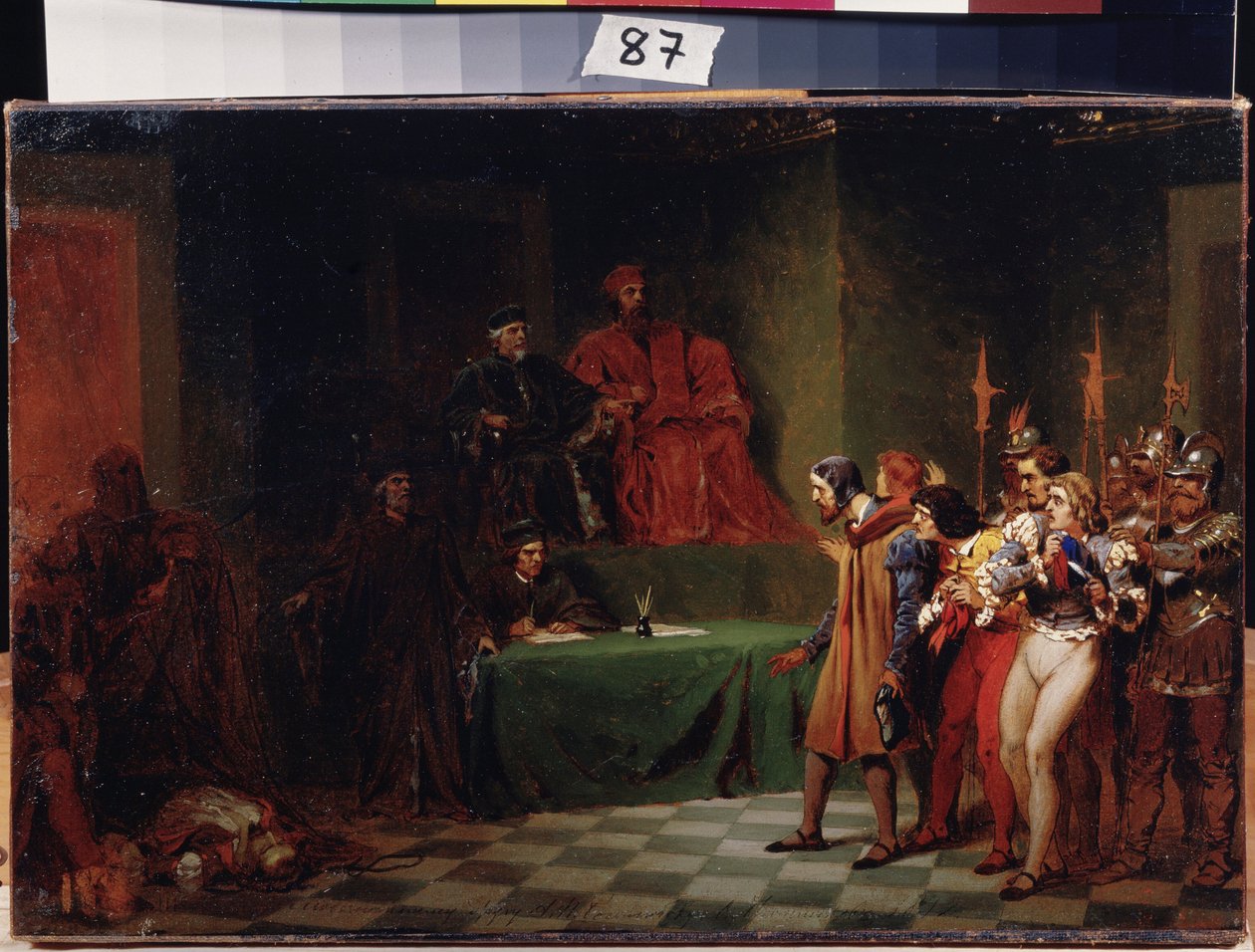 Mosaikkonstnärer inför rådet av tre i Venedig (Italien) (mosaikkonstnärer inför rådet av tre i Venedig). Målning av Feodor Andrejevitj Bronnikov (1827-1902). Olja på duk, före 1886, 25,5 x 37,5 cm, rysk konst. State A. Radishchev Art Museum, av Fedor Andreevich Bronnikov