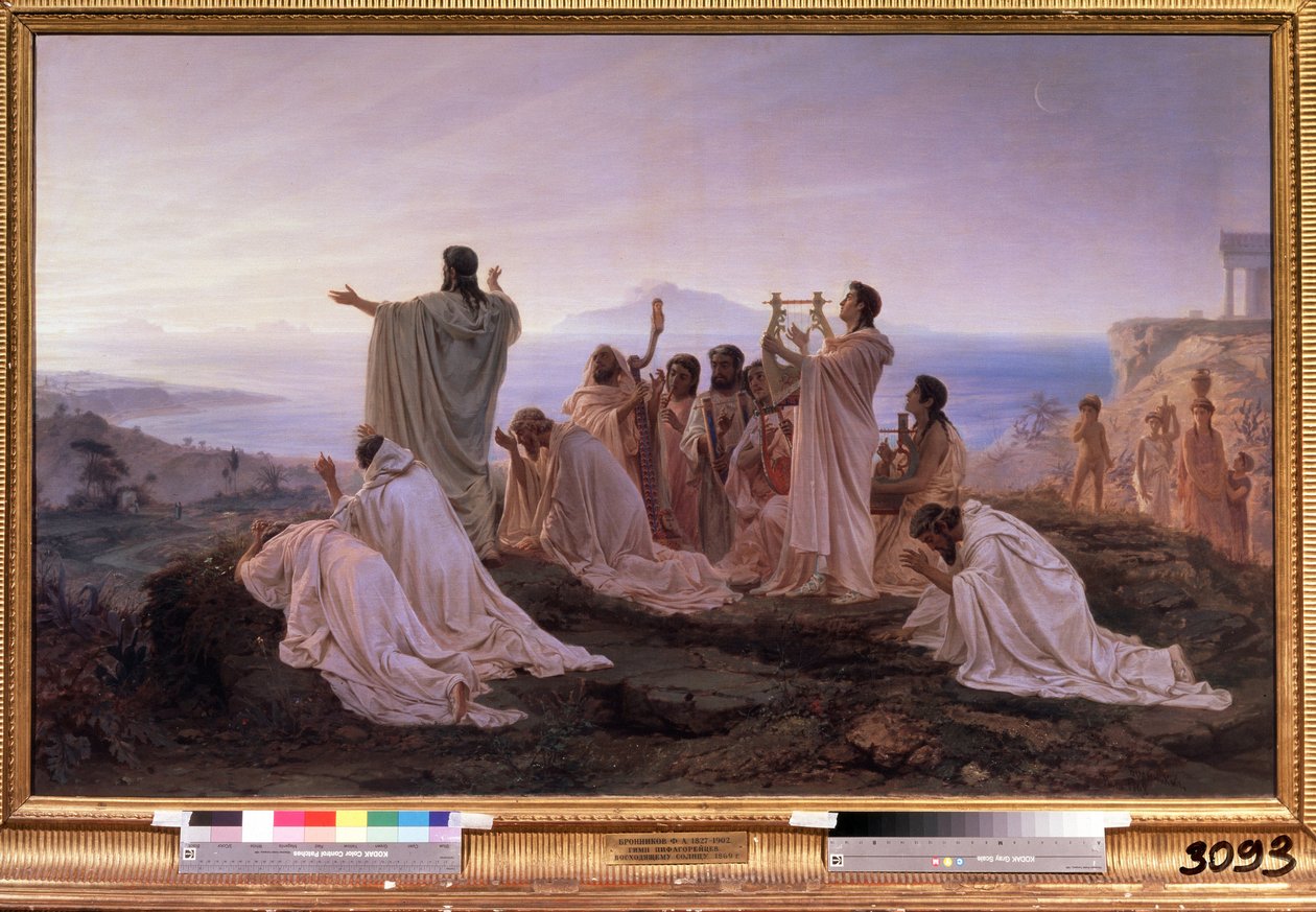 ""The Hymn to the Rising Sun of Pythagoras"" Rituell ceremoni i antikens Grekland inspirerad av Pythagoras teorier om musik och stjärnorna. Målning av Feodor Andreyevich Bronnikov (1827-1902) 1869 State Tretyakov Gallery Moskva av Fedor Andreevich Bronnikov