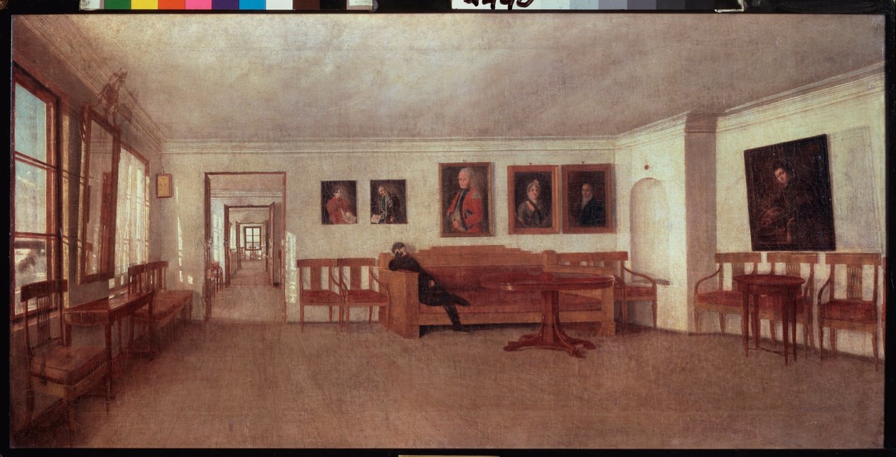 Interiör av A Semenskys hus nära Tver (Ryssland) - Interiör av A Semenskys hus nära Twer - Målning av Fjodor Mikhailovich Slavyansky (1819-1876), olja på duk - rysk konst av Fedor Mikhailovich Slavyansky