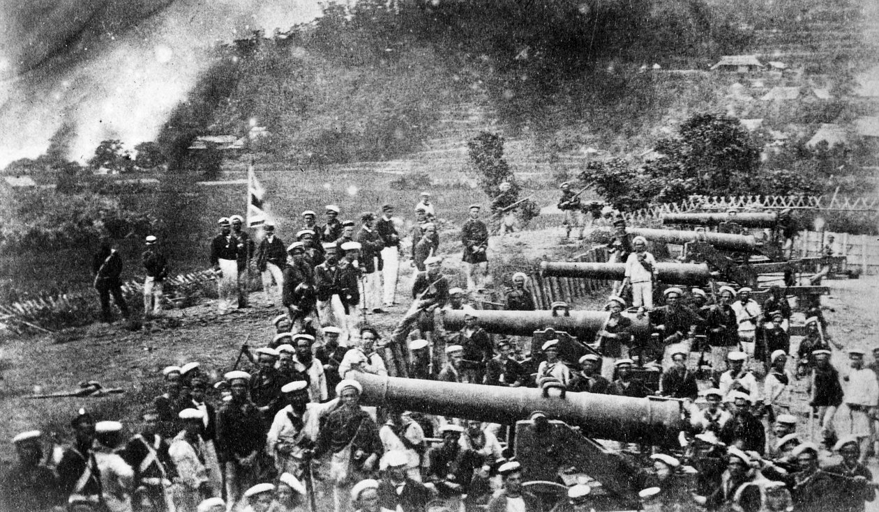 Storbritanniens, Amerikas, Frankrikes och Nederländernas kombinerade flotta som ockuperar batterifästena i Shimonoseki, Japan, 1864 av Felice Beato