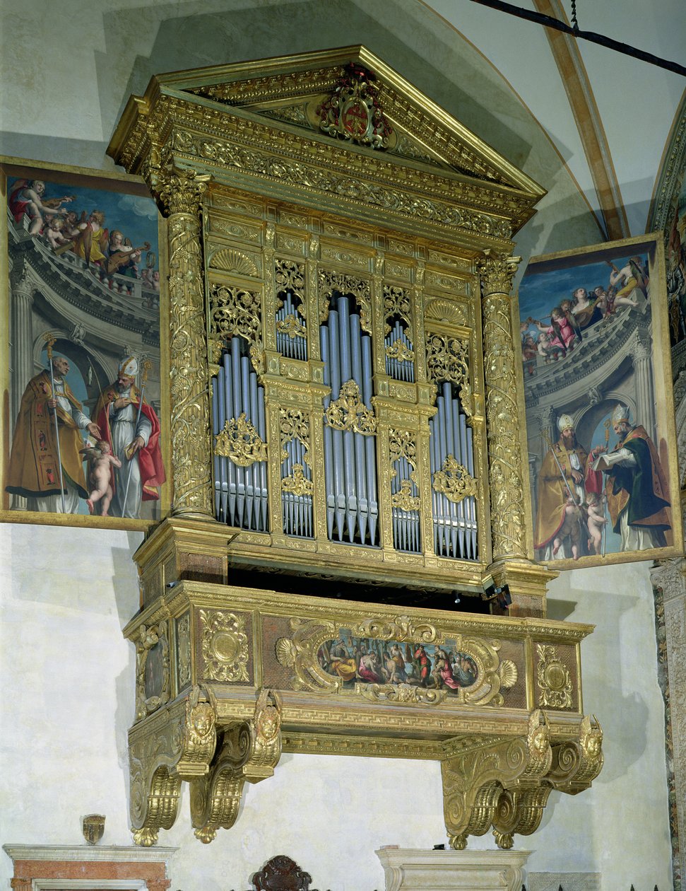 Vy av kyrkans orgel, ca 1590 (blandad media) av Felice Brusasorci