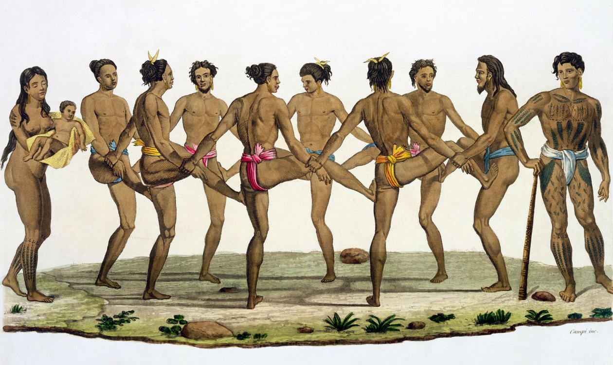 Caroline Islanders dans, tavla 22 från "Le Costume Ancien et Moderne" av Jules Ferrario, publicerad på 1820-30-talen. av Felice Campi