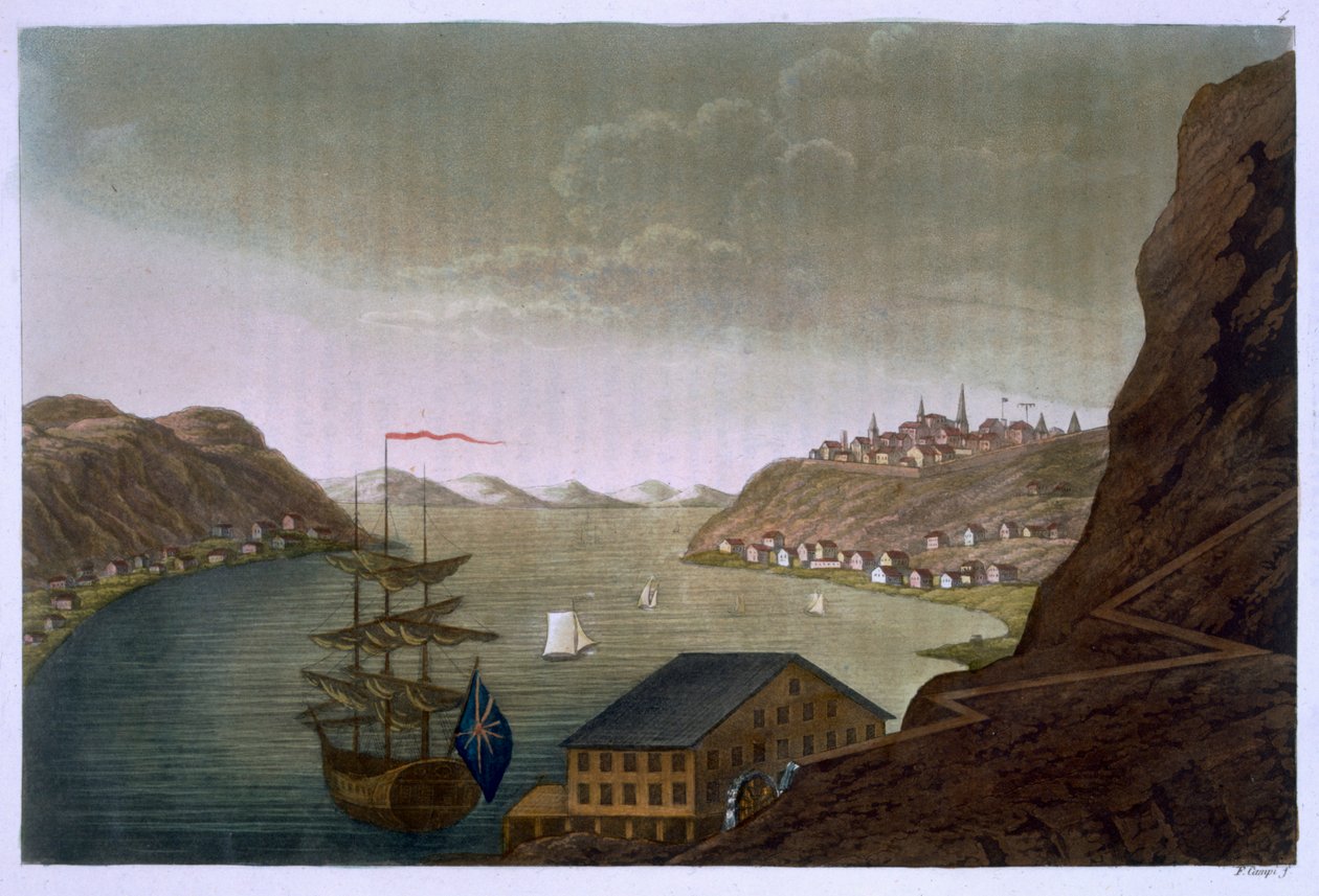 Quebec och Saint Lawrence-floden, tavla 4 från "Le Costume Ancien et Moderne", volym 1, av Jules Ferrario, publicerad på 1820-30-talen. av Felice Campi