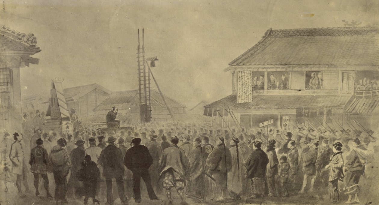 Fotografisk kopia av en teckning av Charles Wirgman av en avrättning av Felice Beato