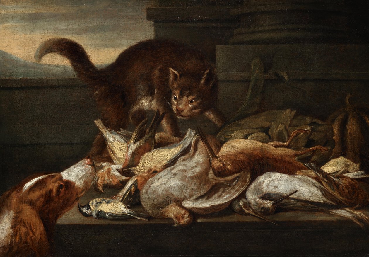 Jakt stilleben med katt av Felice Boselli