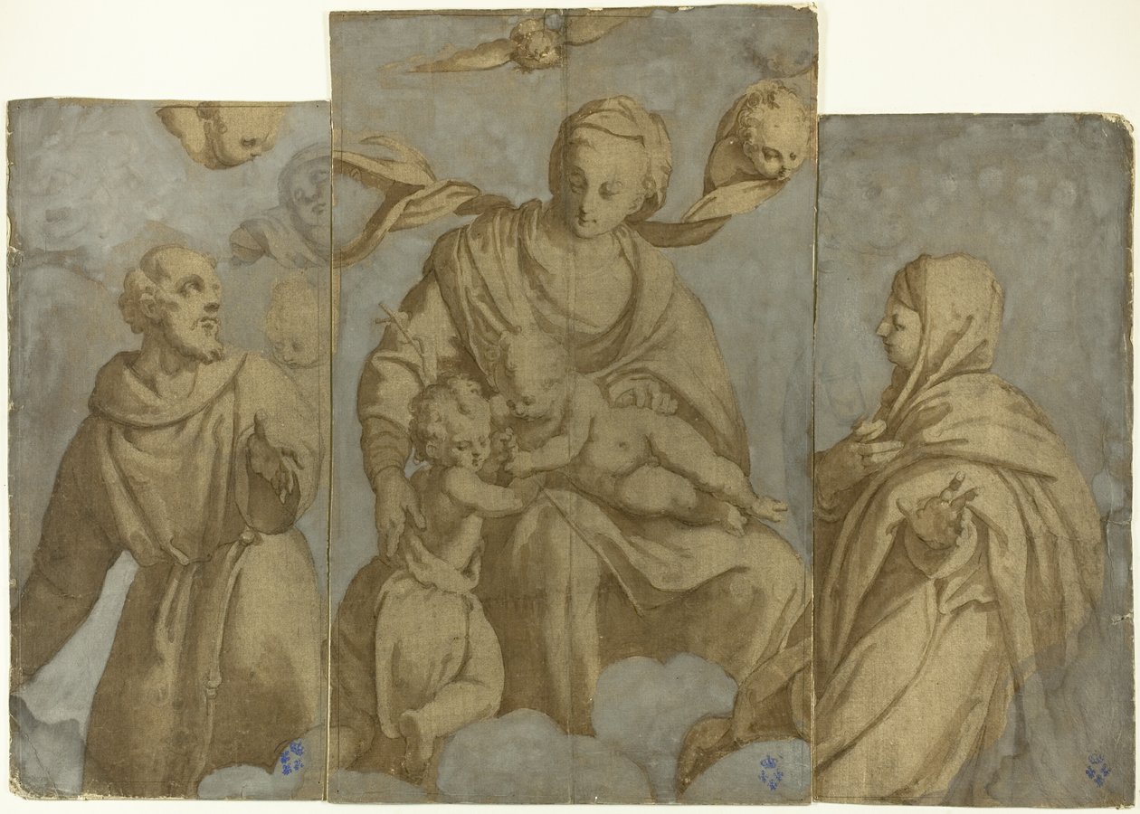 Jungfru Maria med barnet och Johannes Döparen samt helgonet Franciskus av Assisi och Klara av Felice Brusasorci