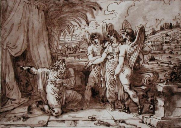 Abraham och änglarna (penna och brunt bläck, brun tvätt över penna på papper) av Felice Giani