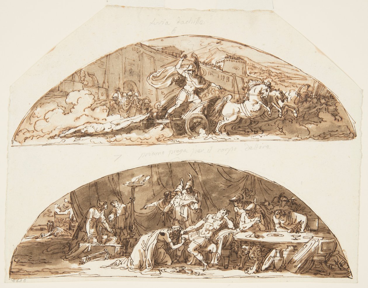 Achilles släpar Hectors kropp runt Walls of Troy, Priam pläderar för Hectors kropp, takdesigner för Galleria di Achille, Palazzo Milzetti, Faenza, Italien av Felice Giani
