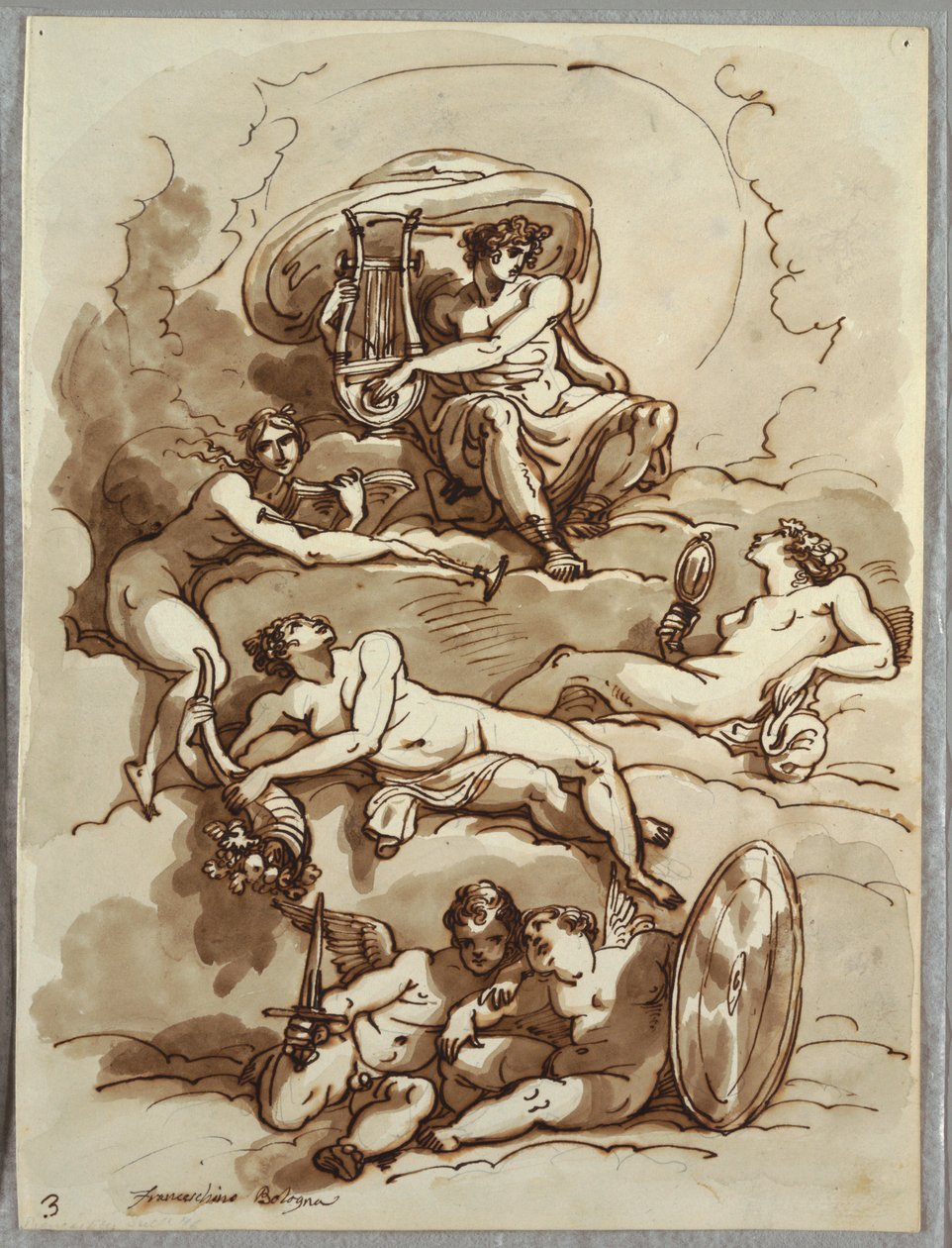 Apollo med lyra, berömmelse, överflöd, skönhet och två putti på moln, studie efter Marcantonio Franceschini av Felice Giani