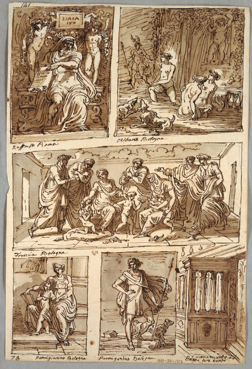 Design efter målningar av Raphael och målningar i Bologna av Albani, Francia, Parmigianino; Monument Verso: Anatomisk studie av Felice Giani