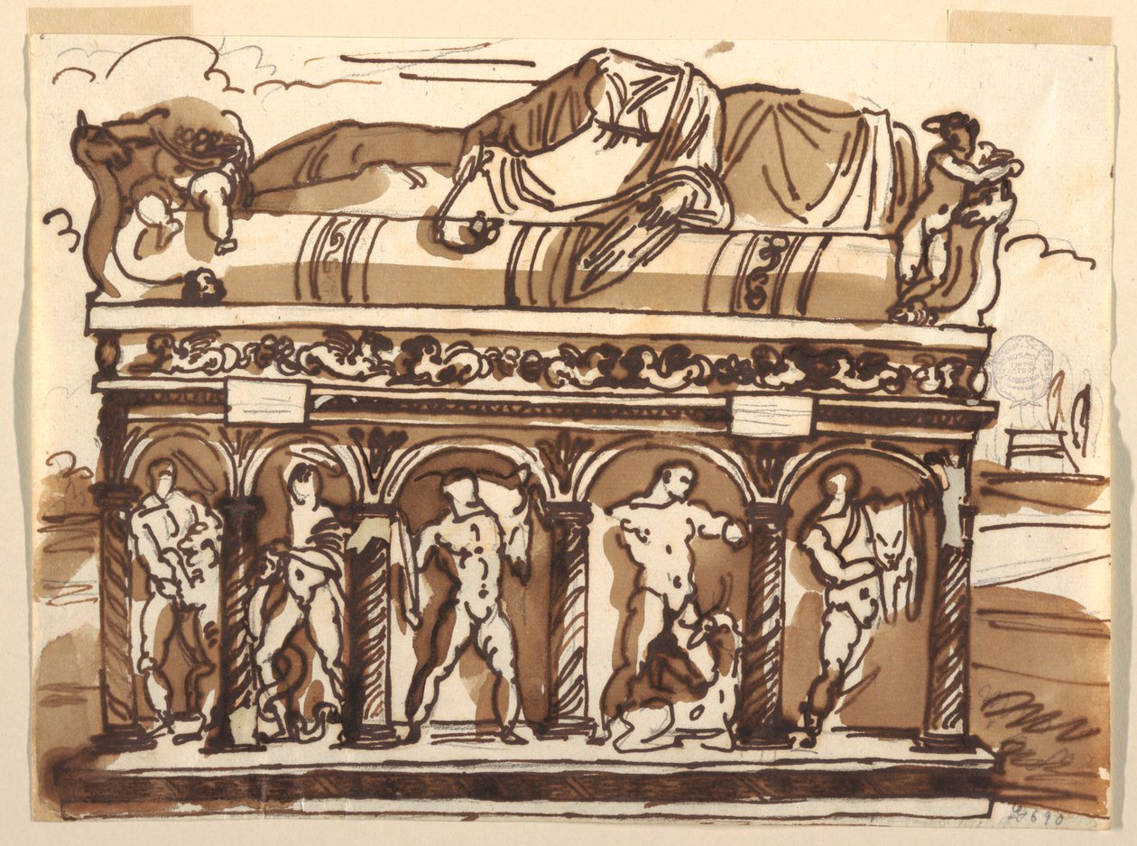 Teckning, En romersk sarkofag i Vatikanmuseet, ca 1820 av Felice Giani