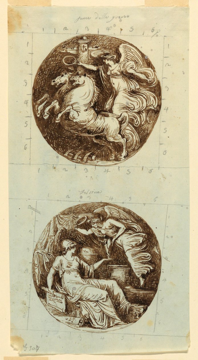 Teckning, En bevingad seger i vagn; En bevingad seger som kröner Minerva; två rundlar, ca 1805 av Felice Giani