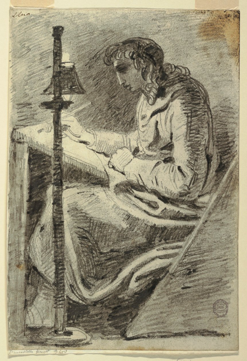 Teckning, En konstnär tecknar i lampsken, 1800-1820 av Felice Giani