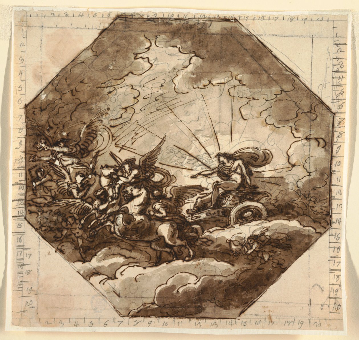 Teckning, Apollo i sin vagn med Aurora, Sala Ottogonale, Palazzo Milzetti, Faenza, 1804-05 av Felice Giani