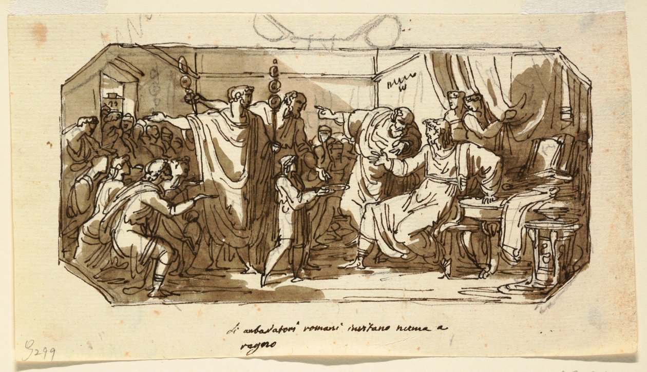 Teckning, takdesign: Romersk ambassadör ber sabinern Numa Pompilius att regera över Rom, Sala di Numa Pompilio, Palazzo Milzetti, Faenza, 1802-05 av Felice Giani