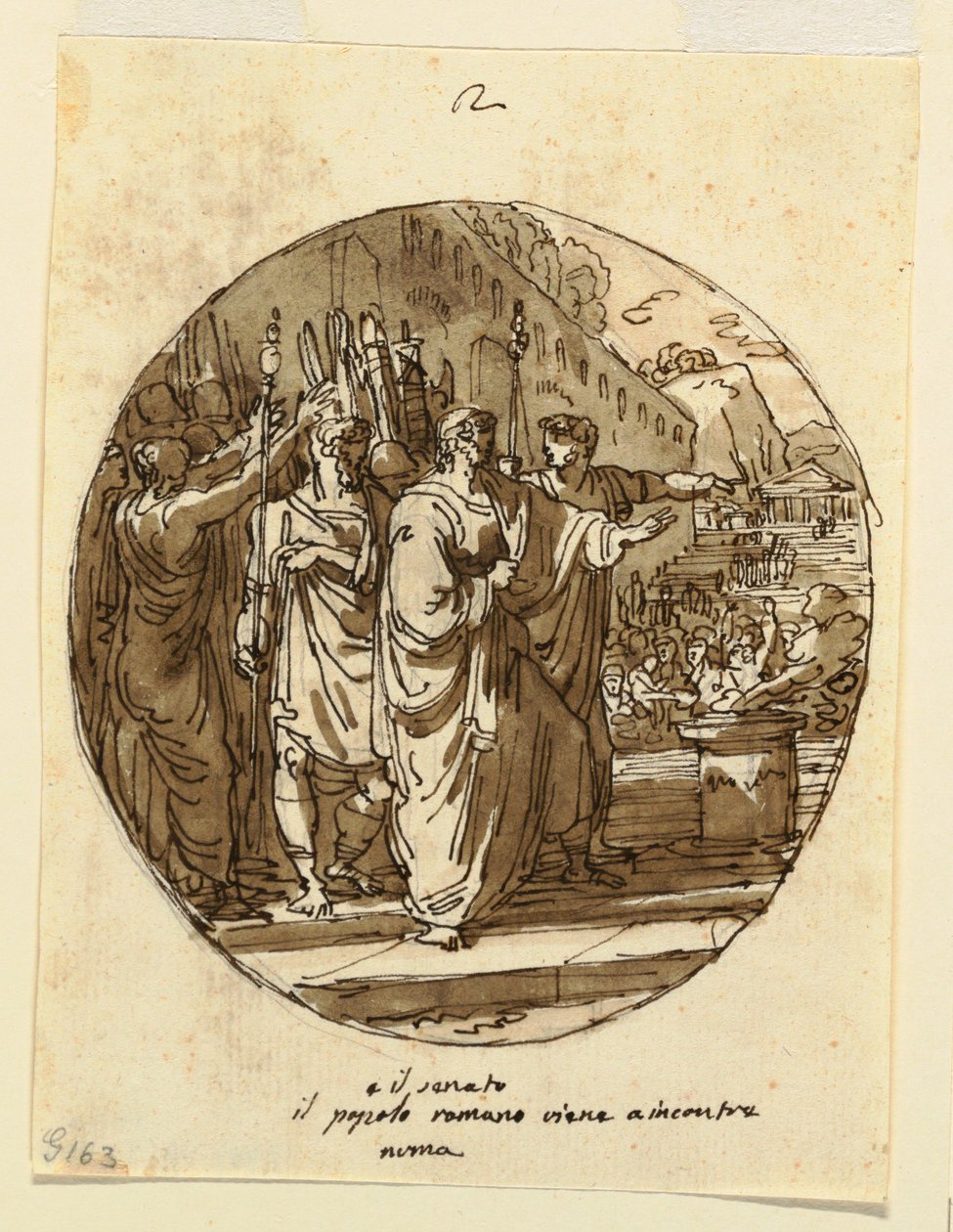 Ritning, takutformning för Numa Pompilius välkommen till Rom efter sitt val, Sala di Numa Pompilio, Palazzo Milzetti, Faenza, 1804-05 av Felice Giani