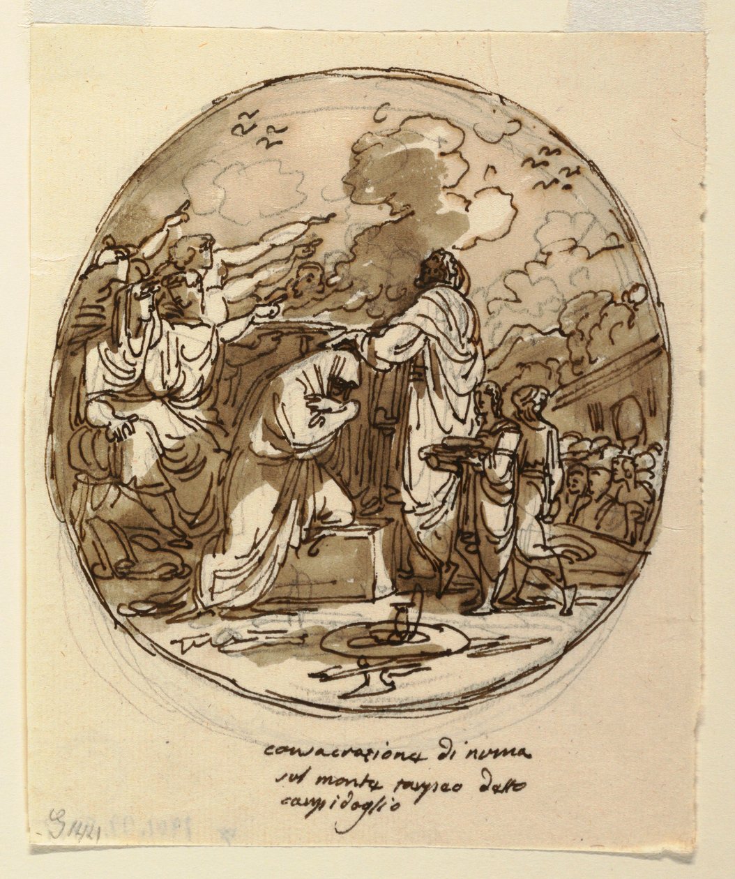 Ritning, Takutformning för invigningen av Numa, Sala di Numa Pompilius, Palazzo Milzetti, Faenza, 1802-05 av Felice Giani