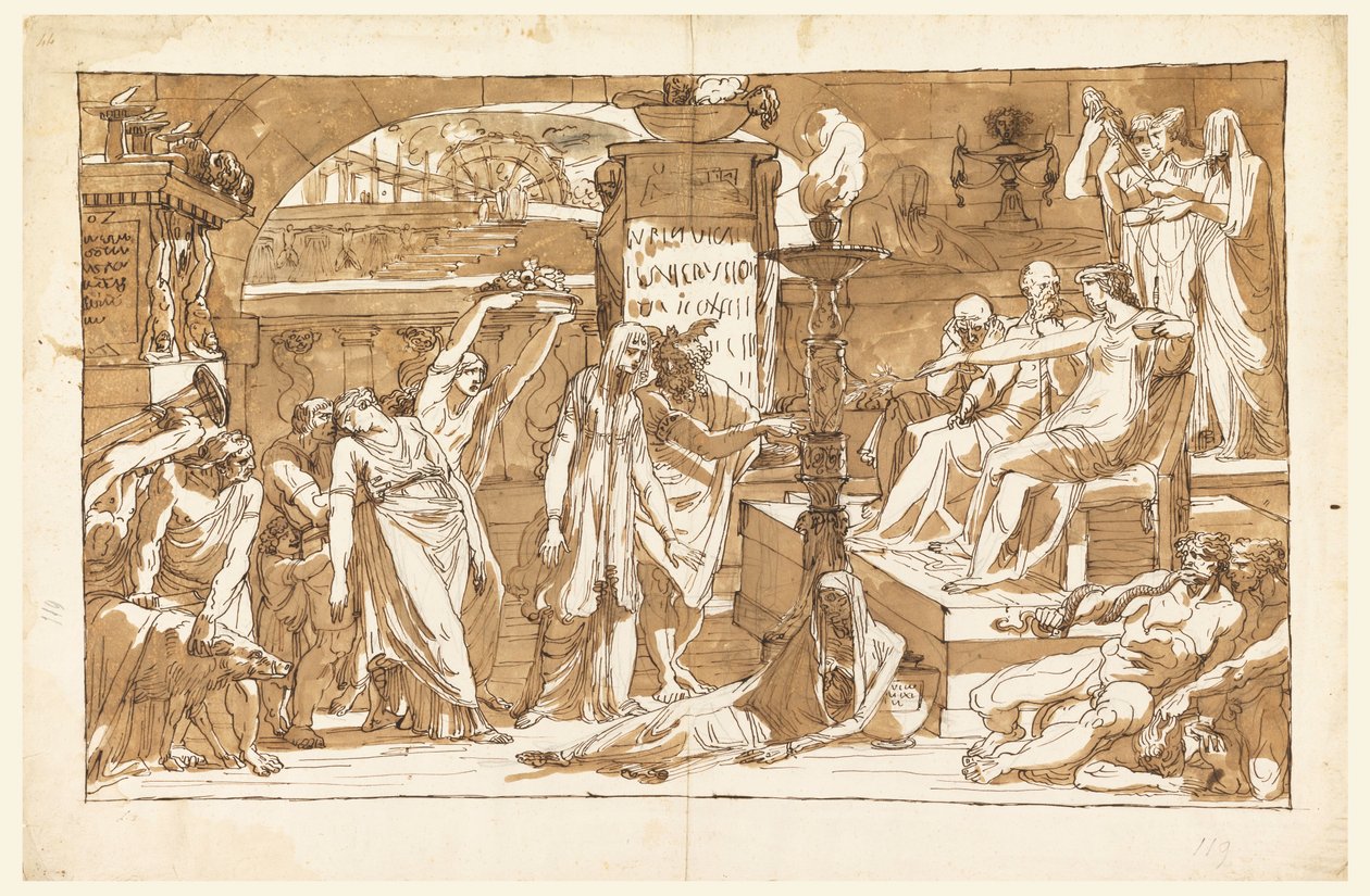 Teckning, Hades; Persefone i underjorden (offergåva till Proserpine), ca 1820 av Felice Giani