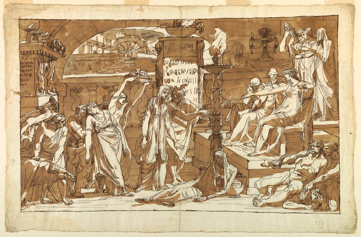 Teckning, Hades; Persefone i underjorden (offergåva till Proserpine), ca 1820 av Felice Giani