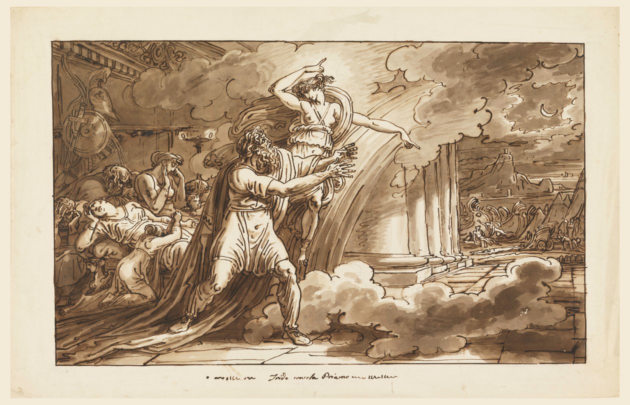 Teckning, Iris uppmuntrar Priamos att tigga Hektors kropp av Akilles, 1810-20 av Felice Giani