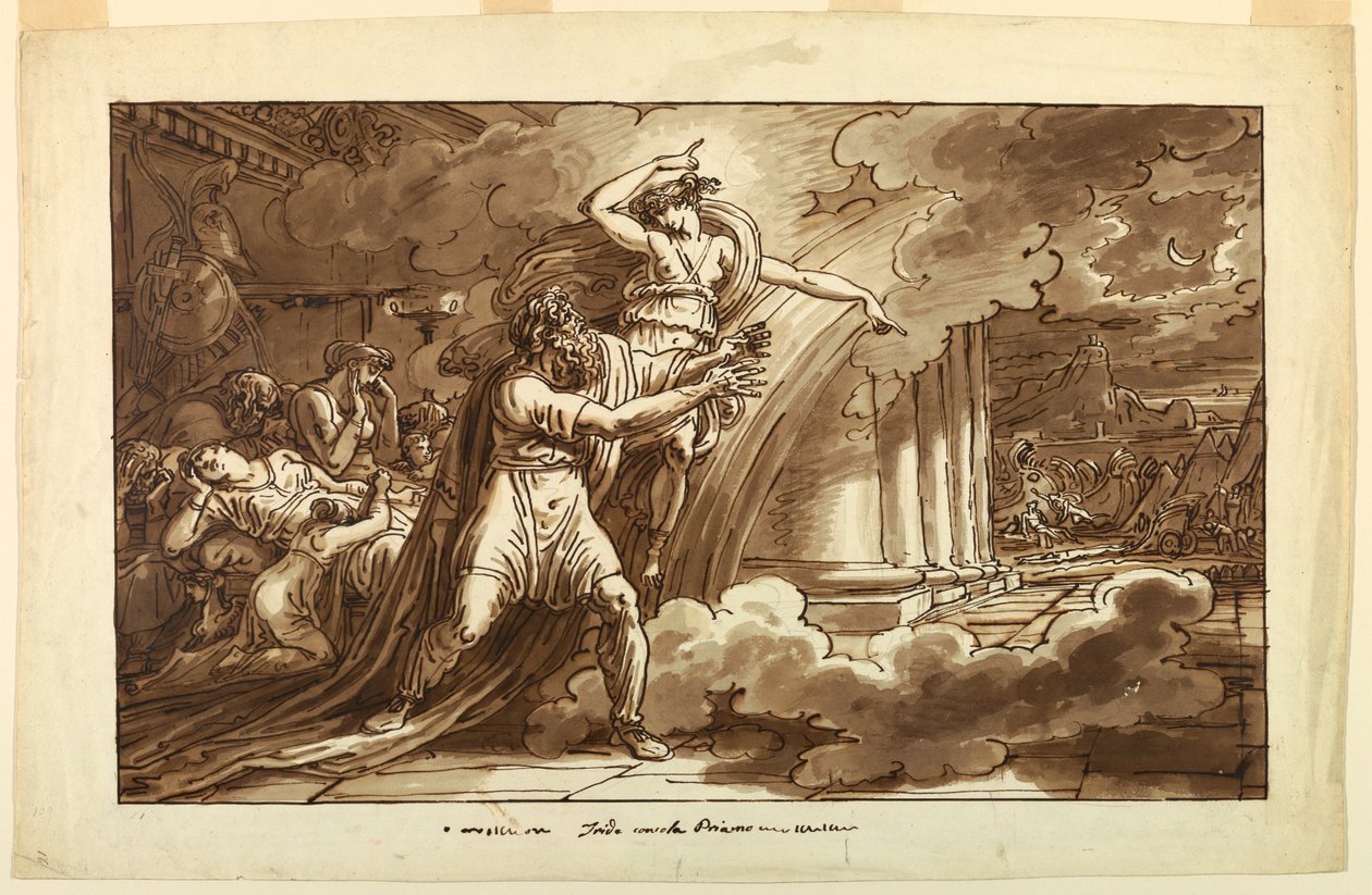 Teckning, Iris uppmuntrar Priamos att tigga Hektors kropp av Akilles, 1810-20 av Felice Giani