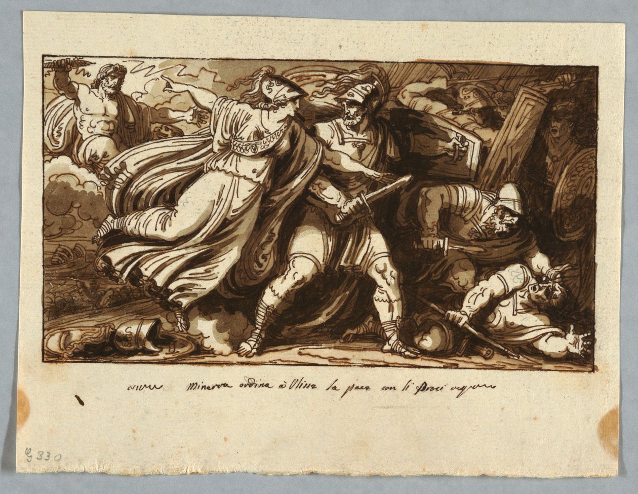 Teckning, blad ur en skissbok: Minerva beordrar Ulysses att sluta fred med Penelopes friare (Minerva induce Ulisse alla pace con i Proci), före 1805 av Felice Giani