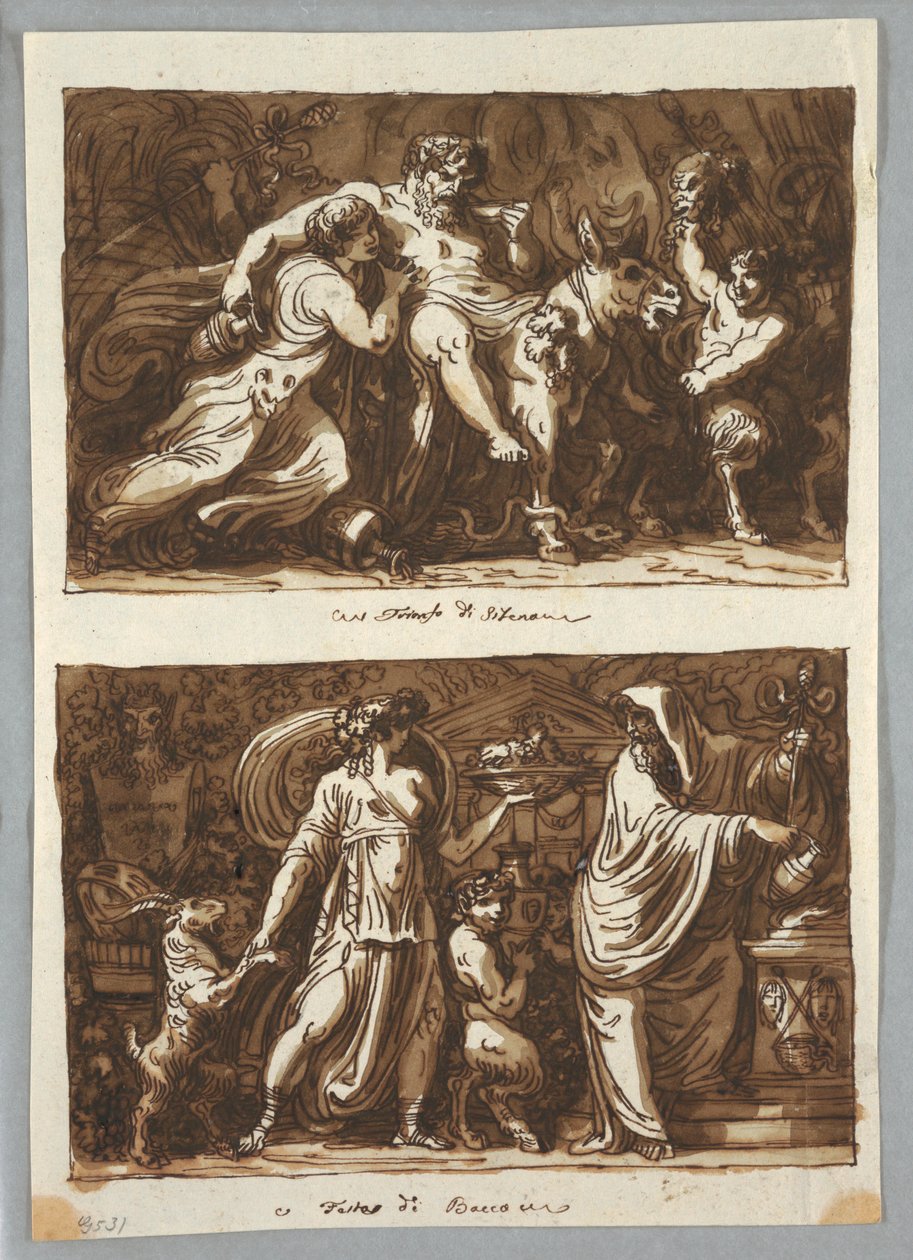 Teckning, Blad ur en skissbok:  Silenus triumf; offret till Bacchus, 1800-1810 av Felice Giani