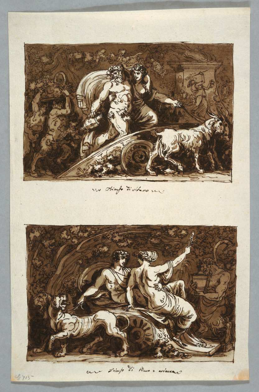 Teckning, Blad ur en skissbok: Silenus triumf och Bacchus och Ariadnes triumf, 1800-1802 av Felice Giani